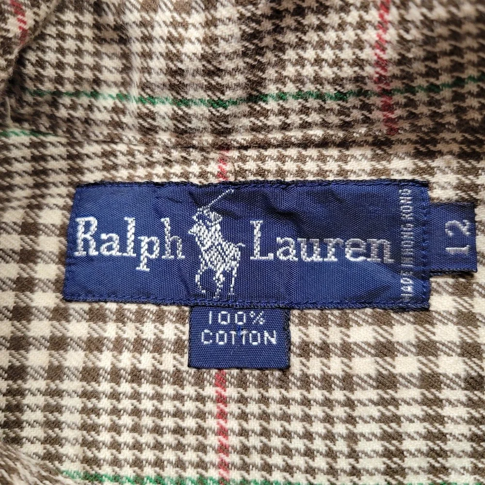 Ralph Lauren Shirt Boys 12 Plaid Mandarin Band Collar Button Up Long Sleeve Pony